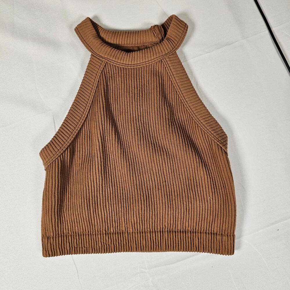 Aerie Ribbed Halter Crop Top XS Brown‎ High Neck Bralette Athleisure
